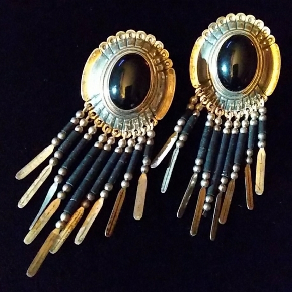 VINTAGE STC Sterl.Silver Onyx Concho Fringe Drop Earrings **WKEND SALE PRICE** - Picture 5 of 12